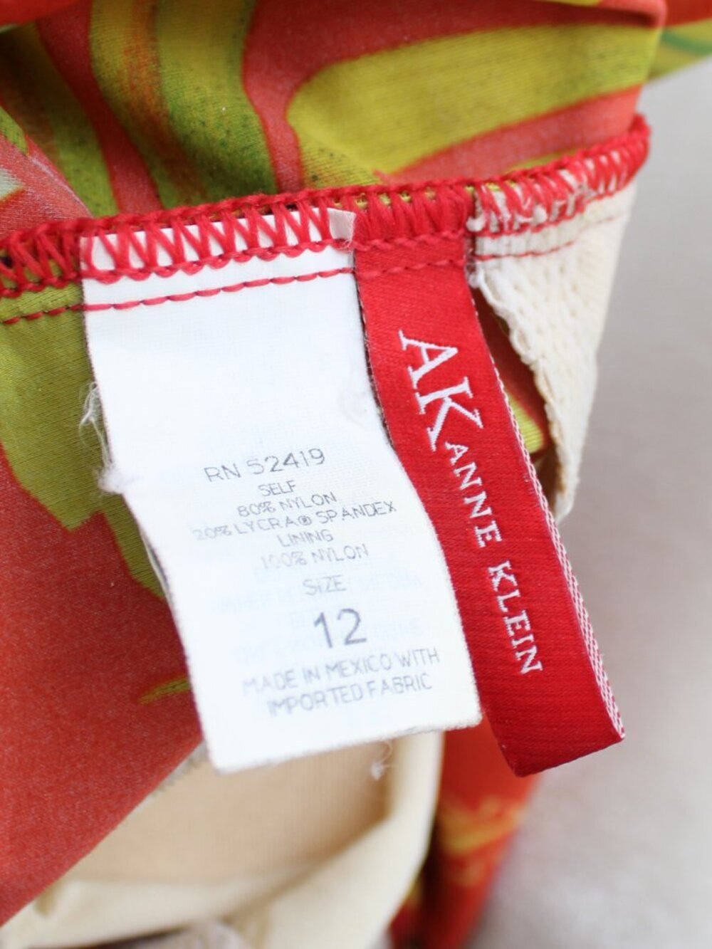 Anne Klein VTG Y2K Tropical Green Leaf Halter Swim Tank Blood Orange Size 12 - Picture 3 of 5
